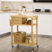 HOMCOM Desserte de cuisine à roulettes chariot de service meuble de rangement pour cuisine en bambou 2 tiroirs 83 x 45 x 96 cm(m-10)