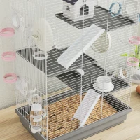 PawHut Cușcă pentru Hamsteri cu 4 Niveluri și 16 Tuburi, cu Căsuță, Rampă, Boluri, Rezervor de Apă și Tavă Antipicurare, Cușcă din Metal și Plastic, 47x30x70 cm, Gri(m-9)