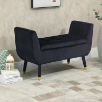 HOMCOM banchetă cu depozitare și cotiere, banchetă tapițată cu aspect de catifea, cufăr cu picioare din lemn, bancă pentru living, dormitor, hol 107 x 42 x 65 cm, Negru(m-2)