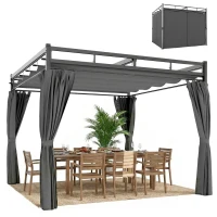 Outsunny Pergolă Gazebo 3x3 m cu Acoperiș Retractabil, 4 Pereți Laterali, Orificii de Drenare, Pergolă din Poliester și Oțel pentru Grădină, Terasă, Exterior, UV30+, Gri Închis(m-11)