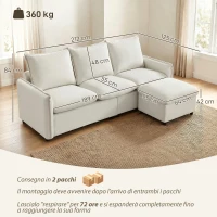 HOMCOM Divano Angolare 3 Posti Modulare in Tessuto Effetto Pelle Traspirante con Contenitore Poggiapiedi, Cuscini, Crema(m-3)
