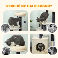 PawHut Albero Tiragraffi per Gatti Alto 92 cm con Casetta, Lettino, Pali in Sisal e Pallina, Bianco Crema(m-7)