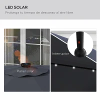 Outsunny Sombrilla de Jardín Manual Ø292x254 cm con 32 Luces LED Solares 8 Varillas Impermeable y Rejillas de Ventilación Gris(m-4)