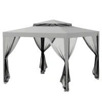 Outsunny Carpa de Jardín 3x3 m Cenador Gazebo con 4 Mosquiteras Laterales Techo Doble 8 Orificios de Drenaje Marco de Metal Gris(m-11)