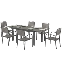 Outsunny Tuinset 7-delig Uitschuifbare Tafel met 6 Stoelen Houtlook Lamellendesign Aluminium Frame(m-10)