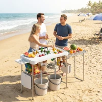 Outsunny Mesa de Limpieza de Pescado Plegable Portátil con 2 Fregaderos Grifo Manguera Estante Lateral Cesta y Ranuras Blanco(m-7)