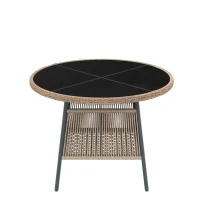Conjunto de muebles de jardín moderno de 5 piezas, mesa redonda con tablero de vidrio templado, 4 sillas con reposabrazos y respaldo de cuerda, Gris(m-10)