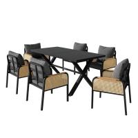 Ensemble de table à manger extérieur moderne 6 pièces pour jardin et terrasse, piètement en fer croisé, Noir+Couleur naturelle
