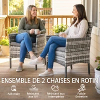 Outsunny Lot de 2 fauteuils de jardin en résine tressée, chaises de jardin extérieures avec coussins et dossier haut, gris(m-4)