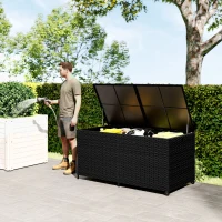 Outsunny 650L Garden Storage Box with 2 Wheels, Rattan Deck Box with Waterproof Zipped Liner, Safe Pneumatic Rods, Black(m-2)
