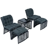 5-teiliges Outdoor Gartenmöbel-Set, Balkon-Loungeset mit 2 Stühlen, 2 Hockern und Glastisch, Schwarz+Grau(m-1)