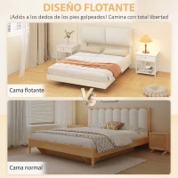 HOMCOM Cama Doble de 135x190 cm Somier con Cabecero Acolchado Efecto Flotante Estructura Metálica Beige(m-4)