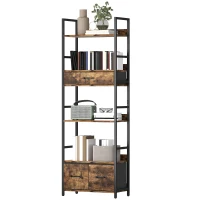 HOMCOM Bibliotecă raft de depozitare cu 6 niveluri cu 4 rafturi, 3 sertare din material textil, 60x30x176cm, maro rustic(m-7)