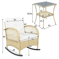 Juego de balcón de ratán (3 piezas), 2 cómodas sillas mecedoras con respaldo alto, 80x76x86 cm, Beige(m-3)