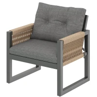 Set de sofá moderno para exterior, mesa desmontable, reposabrazos trenzados y cojines de asiento gruesos, Gris+Color natural(m-11)