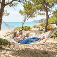 Outsunny Double Hammock 2 Person Swing Bed with Spreader Bars, Pillows, Pad, 200 x 140cm, Cream White(m-8)