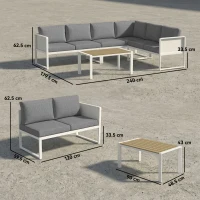 Outsunny 6 Seater Metal Garden Furniture Corner Sofa Set with 3 Loveseats, Faux Wood Table, Texteline Seat, Cushions, White(m-3)