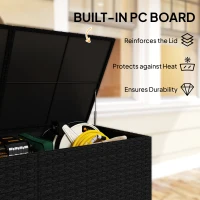 Outsunny 650L Garden Storage Box with 2 Wheels, Rattan Deck Box with Waterproof Zipped Liner, Safe Pneumatic Rods, Black(m-6)