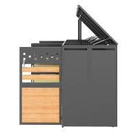 Mülltonnenbox mit hydraulischem Klappdeckel, vier abschließbare Fächer, rautenförmige Belüftung, 264x80x120 cm, Grau+Naturfarbe(m-8)