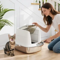 PawHut Large Stainless Steel Litter Box, Enclosed Metal Cat Litter Tray with Scoop, Deodoriser Bag, Front-Entry and Top-Exit(m-2)