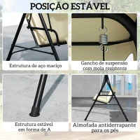 Outsunny Baloiço de Jardim  de 3 Lugares Baloiço com Teto Ajustável Almofada e Estrutura em Aço 172x118x153 cm Bege(m-5)