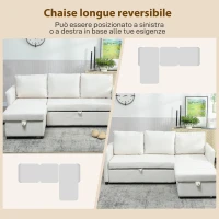 HOMCOM Divano Letto Angolare Effetto Lino con Vano Portaoggetti a Scomparsa, 192x148x86 cm, Bianco Crema(m-5)