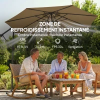 Outsunny Parasol déporté rond 3 m, parasol de jardin inclinable avec housse de protection, polyester protection UV UPF50+, kaki(m-4)