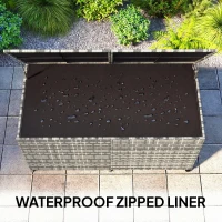 Outsunny 650L Garden Storage Box with 2 Wheels, Rattan Deck Box with Waterproof Zipped Liner, Safe Pneumatic Rods, Mixed Grey(m-5)