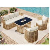 5-teiliges PE‑Rattan-Gartenmöbel-Set, 3‑Sitzer-Sofa, 2 Sesseln und Glastisch, Beige+Schwarz+Weiß(m-2)