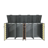 Mülltonnenbox mit 4‑fach Aufbewahrung, rautenförmiger Seitenperforation für Belüftung, 264x80x118,5 cm, Grau+Naturfarbe(m-6)