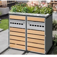 Mülltonnenbox mit integriertem Pflanztrog und Belüftung, abschließbarer zweiteiliger 2-türiger Schrank, 132x80x124,5 cm, Grau+Naturfarbe(m-5)