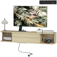 HOMCOM Mobilier TV suspendat mobilier TV pentru televizoare 127 cm sertar rafturi treceri cabluri 120x24x22,4cm efect lemn natural(m-7)