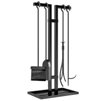 Outsunny Set servitor pentru șemineu 5 piese, unelte pentru șemineu, din metal, mătură, lopată, clește, tisonier și suport, negru(m-8)