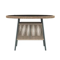 Conjunto de muebles de jardín moderno de 5 piezas, mesa redonda con tablero de vidrio templado, 4 sillas con reposabrazos y respaldo de cuerda, Gris(m-11)