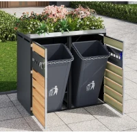 Mülltonnenbox mit integriertem Pflanztrog und Belüftung, abschließbarer zweiteiliger 2-türiger Schrank, 132x80x124,5 cm, Grau+Naturfarbe(m-4)