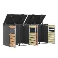 Mülltonnenbox mit hydraulischem Klappdeckel, 4 Fächern und separaten abschließbaren Türen, 264x80x118,5 cm, Grau+Naturfarbe(m-6)