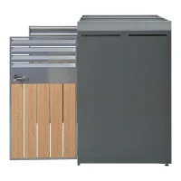 Abschließbare Mülltonnenbox mit integriertem Pflanzgefäß, Lamellenlüftung und zwei separaten Türen, 132x80x124,5 cm, Grau+Naturfarbe(m-7)