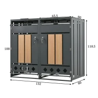 Mülltonnenbox mit hydraulischem Klappdeckel, abschließbaren Türen und zwei Fächern, 132x80x118,5 cm, Grau+Naturfarbe(m-3)