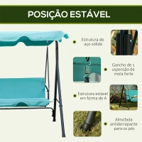 Outsunny Baloiço de Jardim de 3 Lugares com Teto Ajustável e Estrutura de Aço Suporta até 240 kg 172x110x153 cm Verde Azulado(m-5)