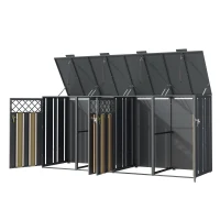 Mülltonnenbox mit hydraulisch gestütztem Klappdeckel, 4 separate Fächer, für Außenbereich, 264x80x118.5 cm, Grau+Naturfarbe(m-7)