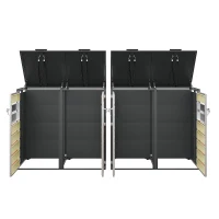 Mülltonnenbox mit hydraulischem Klappdeckel, 4 Fächern und separaten abschließbaren Türen, 264x80x118,5 cm, Grau+Naturfarbe(m-8)