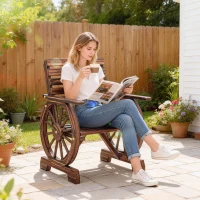 Outsunny Silla de Jardín de Madera con Brazos de Rueda de Carreta Asiento Ancho con Listones y Respaldo Inclinado Carbonizado(m-2)