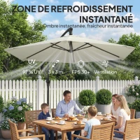 Outsunny Parasol déporté 3 m avec pied en croix et dalles lestage, parasol de jardin extérieur avec manivelle, crème(m-6)