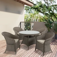 Outsunny 4 Seater Rattan Garden Furniture Set with Cushions, Round PE Rattan Dining Set with Glass-Top Table, Umbrella Hole, Outdoor Garden Table and Chairs, Mixed Grey(m-11)