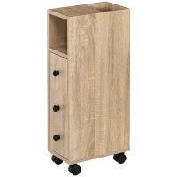 Kleankin Armadietto da Bagno a Colonna, Mobile Bagno con 4 Ruote, 1 Cassetto 1 Armadietto con Anta 2 Armadietti Aperti, Color Rovere, 18x30x68.5 cm(m-10)