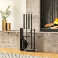 Outsunny Set servitor pentru șemineu 5 piese metal cu perie, lopată, tisonier, pereche de clești și suport 28x13x59,5cm negru(m-6)