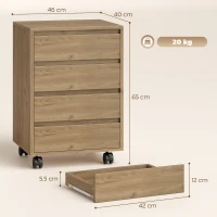HOMCOM Cajonera de Oficina con 4 Cajones Cajonera de Escritorio con Ruedas para Estudio 46x40x65 cm Marrón(m-3)