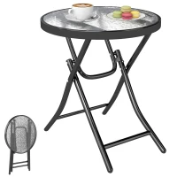 Outsunny Foldable Garden Table, Round Folding Table with Glass Tabletop and Safety Buckle for Patio, Garden, Outdoor, Indoor, Black(m-10)