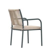 Conjunto de muebles de jardín moderno de 5 piezas, mesa redonda con tablero de vidrio templado, 4 sillas con reposabrazos y respaldo de cuerda, Gris(m-9)