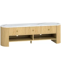 HOMCOM Comodă TV 140 cm, mobilier pentru televizor 165 cm cu aspect de marmură 3 sertare fețe canelate aspect lemn natural(m-1)